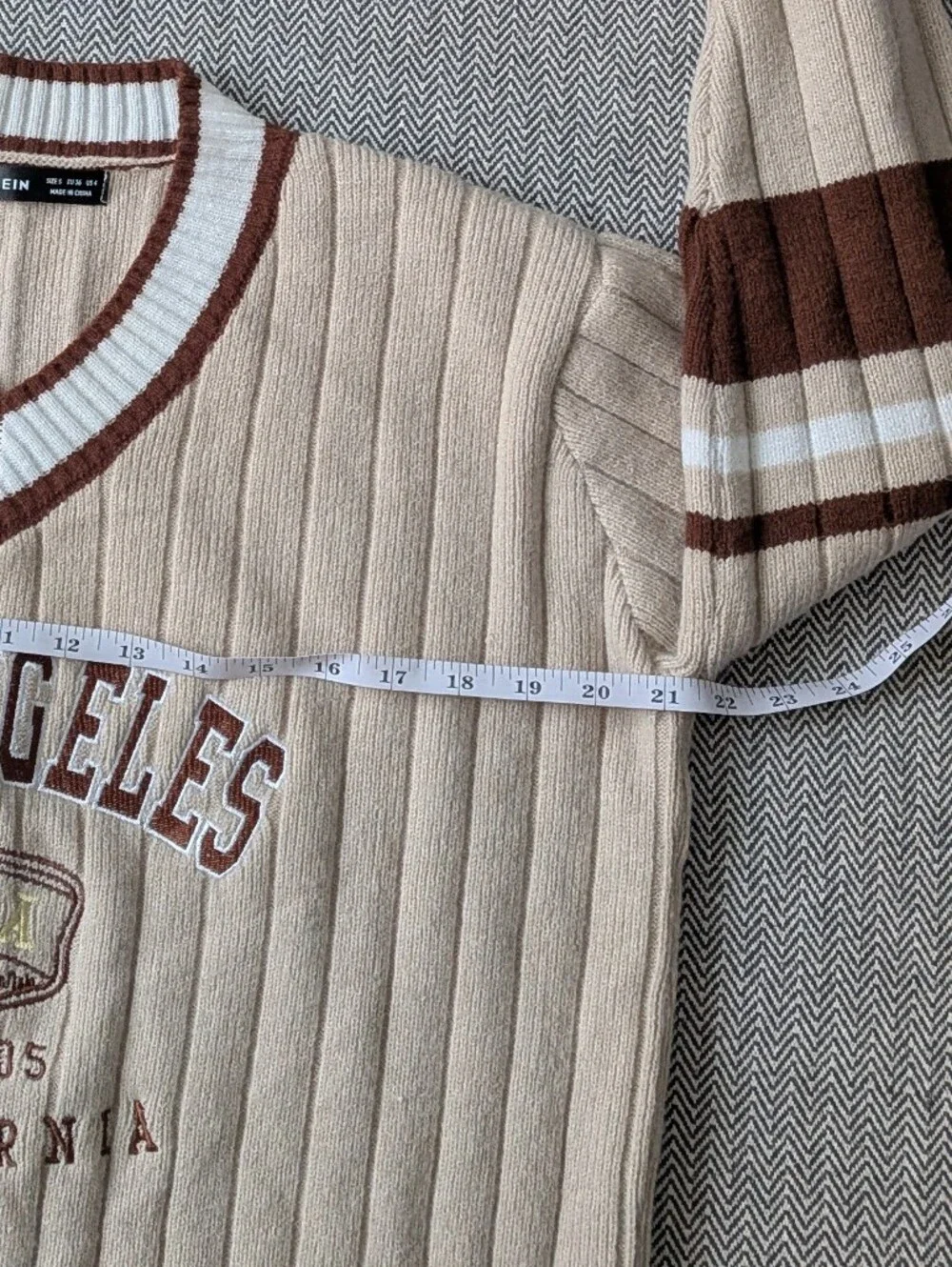 Beige and Brown Rib Knit Sweater with Striped Sleeve size S- Collegiate Academia